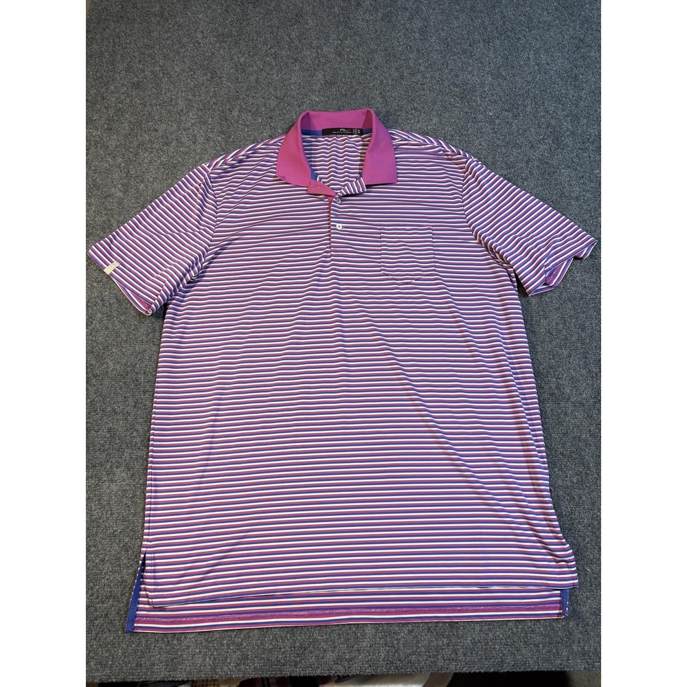 RLX Ralph Lauren Polo Shirt Mens XL Purple Blue Striped Golf Wicking Pocket